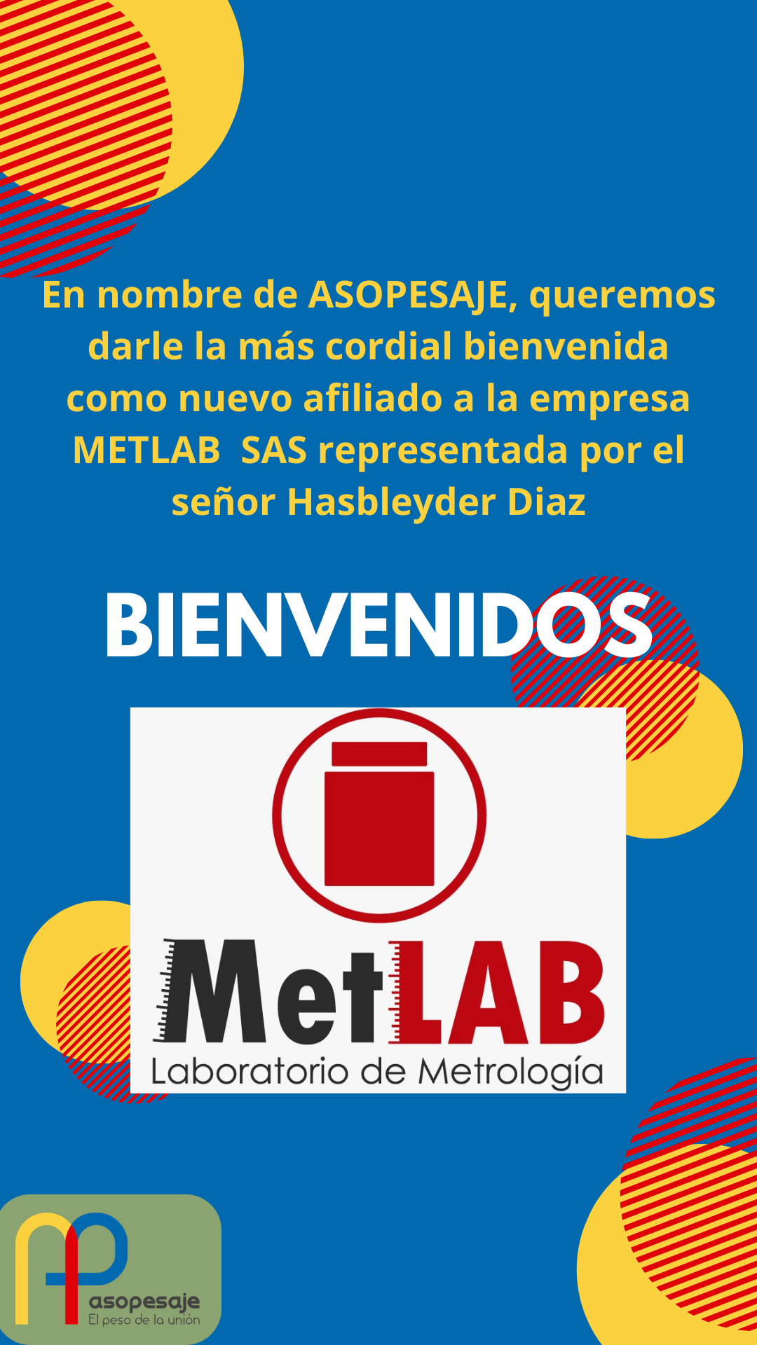 🎉Bienvenida nuevo asociado METLAB SAS 🙌 👏